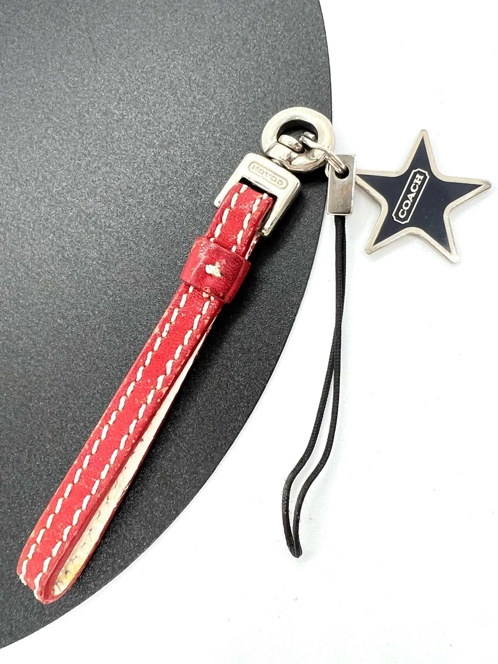 Vintage Coach Y2K Red Leather Star Charm Keychain Phone Strap Bag Charm